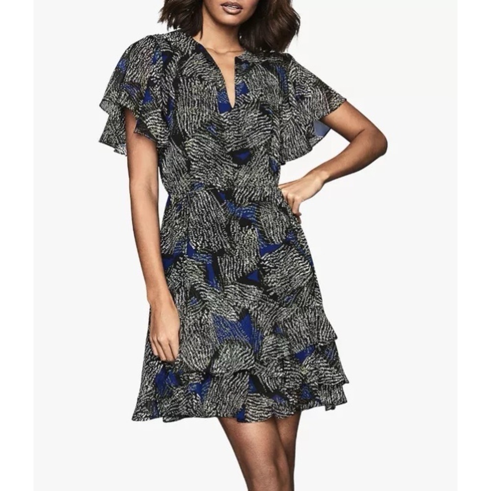 Reiss Mini Dress Abstract Print Flutter Sleeve Size 2 Blue Black Ruffle Hem